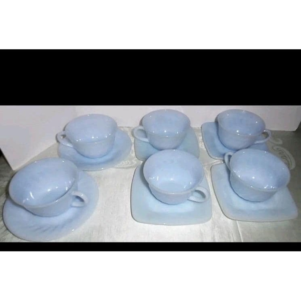 Vtg Anchor Hocking Fire King Azurite Charm Lt Blue Cups Saucers Set 6 MCM